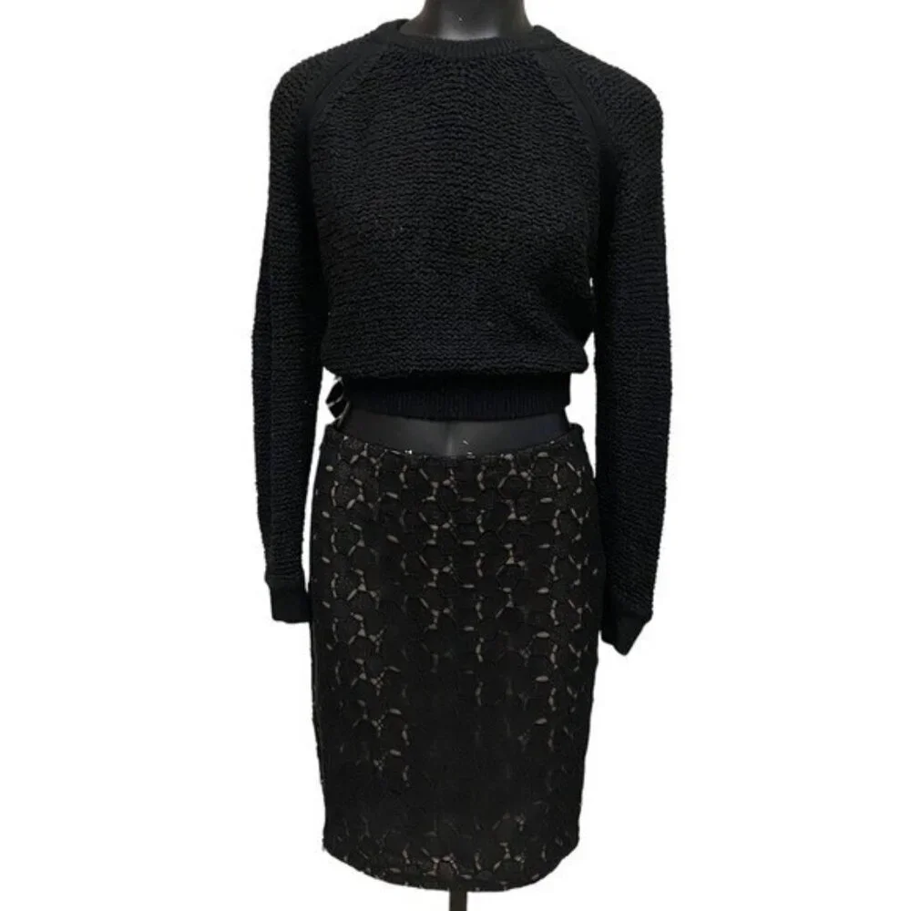 Diane Von Furstenberg Black Lace Zipper Leather Trim Pencil Skirt